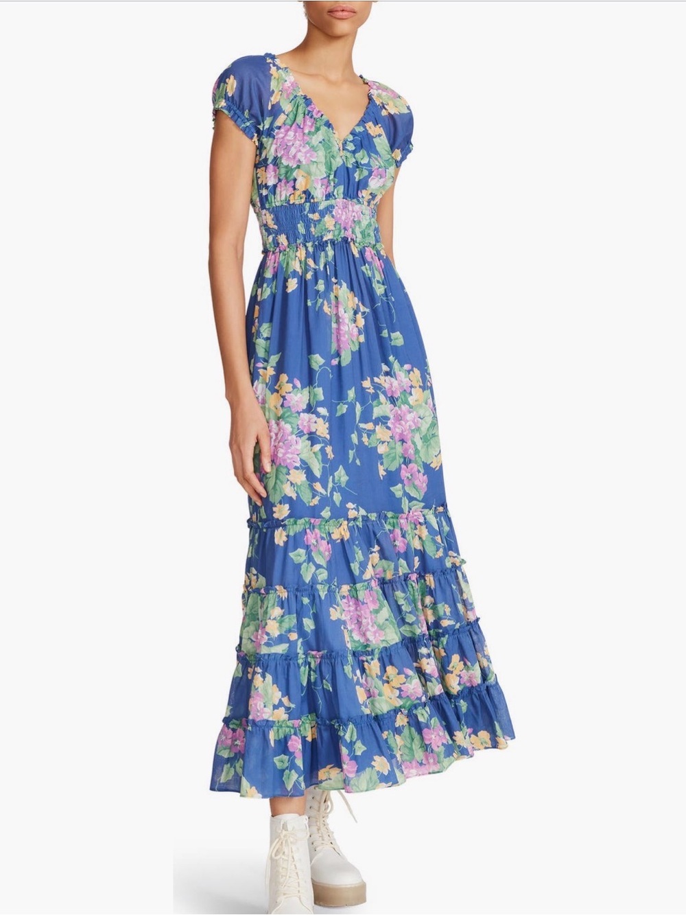 Betsey Johnson Blue Floral Smocked Maxi Dress